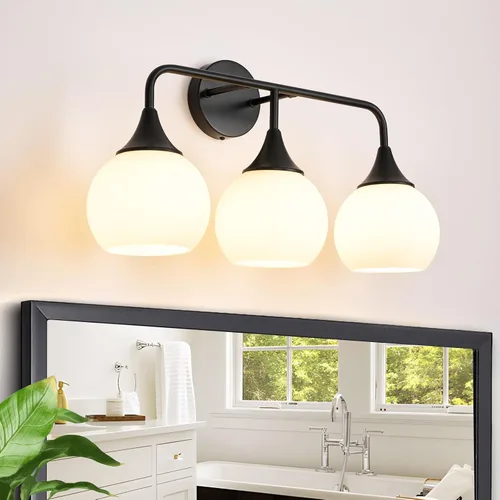 Vista 9 de Modernas luces doradas para tocador de baño, lámparas de baño de 3 luces sobre espejo con pantalla de vidrio blanco leche, aplique de pared moderno