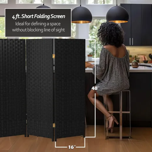 Vista 5 de Pantalla plegable de fibra tejida corta de 4 pies - Negro - 3 paneles