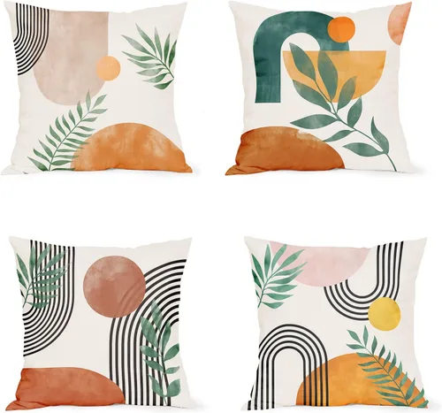 Vista 16 de Juego de 4 fundas de almohada abstractas de color negro y beige de 16 x 16 pulgadas, modernas fundas de cojín a rayas para sala de estar, sofá
