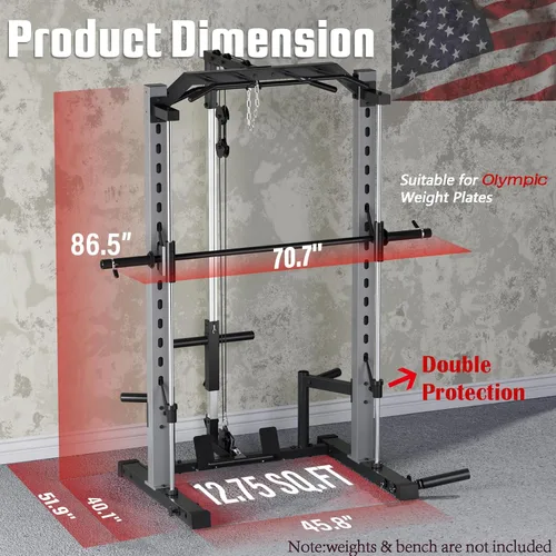 Vista 5 de OPPSDECOR All-in-One Adjustable Smith Machine with LAT-Pull Down System Multi-Function Power Cage for Home Gym Cable Crossover Squat Rack of Workout