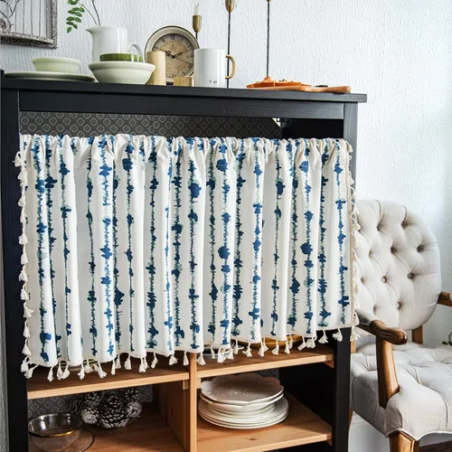 Vista 19 de Cortinas de lino con borlas bohemias para ventana, semiopacas, panel geométrico bohemio para sala de estar, cocina, cafetería, comedor, cenefas