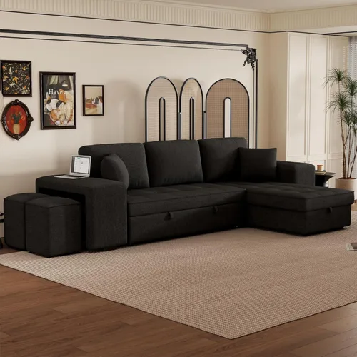 Vista 6 de Sofá cama modular modular modular en forma de L convertible de 3 plazas con diván de almacenamiento y 2 taburetes, juego de muebles reversibles