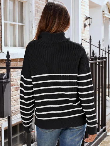 Vista 4 de LILLUSORY Suéteres de punto casuales con media cremallera para mujer, a rayas, de gran tamaño, 2023