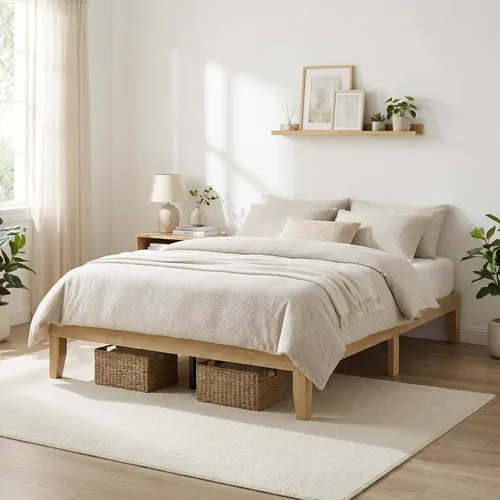 Vista 3 de Marco de cama tamaño Queen, marco de cama de plataforma de madera con listones y patas de madera maciza, sin ruido, no necesita somier, fácil