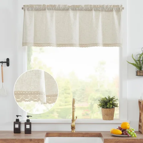 Vista 3 de jinchan - Cenefa de lino con borde de encaje, cenefa rústica de estilo granja para ventana de 16 pulgadas, tratamiento para ventana pequeña