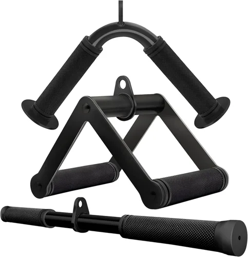 Vista 8 de Accesorio de cable de doble mango en D para entrenamiento con pesas, de acero con empuñadura de goma antideslizante (negro)