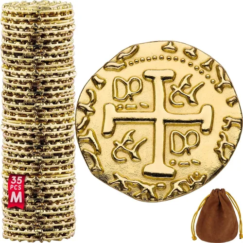 Leib Games Monedas de Pirata de Metal - Juego de 35 Monedas del Tesoro de Oro, Réplica de Metal de Doblones Españoles para Decoraciones y Obsequios