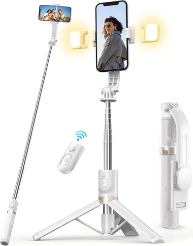 Vista 11 de Palo selfie con trípode y luz, palo selfie de 45'' con control remoto inalámbrico, trípode portátil para teléfono compatible con iPhone 16/15 Pro