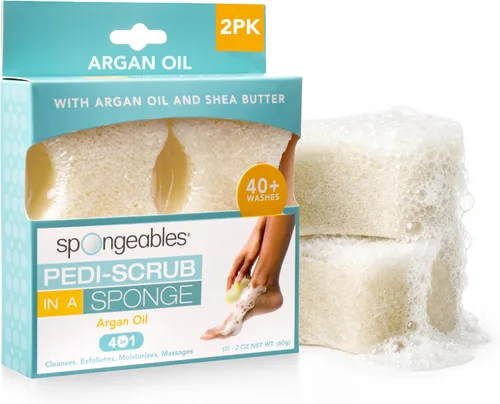 Spongeables Pedi Scrub Foot Exfoliating 20+ Wash Sponge, aceite de argán, 2 unidades
