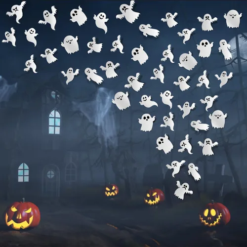 Vista 5 de Calcomanías de pared de Halloween, decoración de pared de fantasma, 3D, autoadhesivas, 21 unidades, fantasma blanco, calcomanías de pared