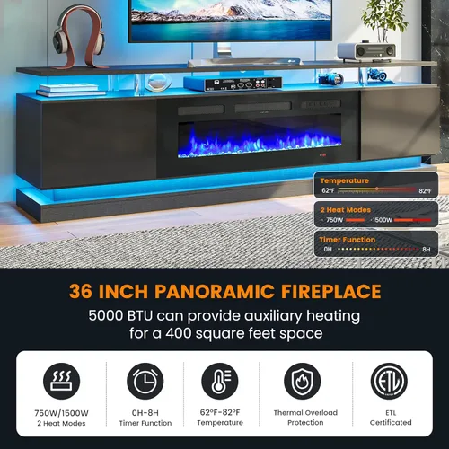 Vista 5 de Juego de Mesa Moderno Incluye Soporte de TV con Chimenea de 70" y Mesa de Centro de 47" con Estación de Carga y Puertos USB, para Sala de Estar