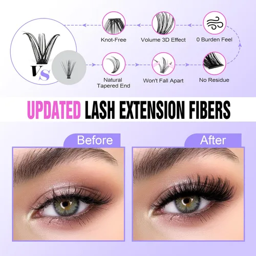 Vista 20 de Kit de extensión de pestañas Pawotence DIY 280 piezas, racimos de pestañas, kit de extensión de pestañas, 9-16mm, 30D, 40D, pestañas individuales