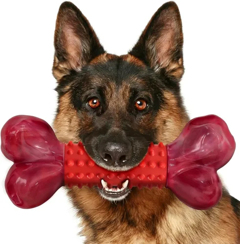 Vista 11 de Apasiri Juguetes resistentes para perros masticadores agresivos de raza grande, hueso para masticar con sabor a tocino, juguete masticable de nailon