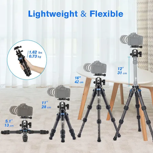 Vista 3 de SIRUI AM-223 Trípode de fibra de carbono para cámara, mini trípode compacto de viaje con cabeza de bola B-00K de 360°, placa de liberación rápida