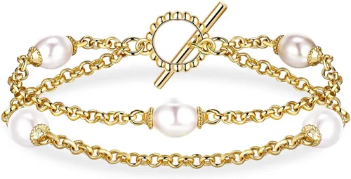 Pulsera de perlas de oro para mujer, chapado en oro de 14 quilates, pulsera de perlas delicadas de doble capa, elegante regalo de joyería apilable