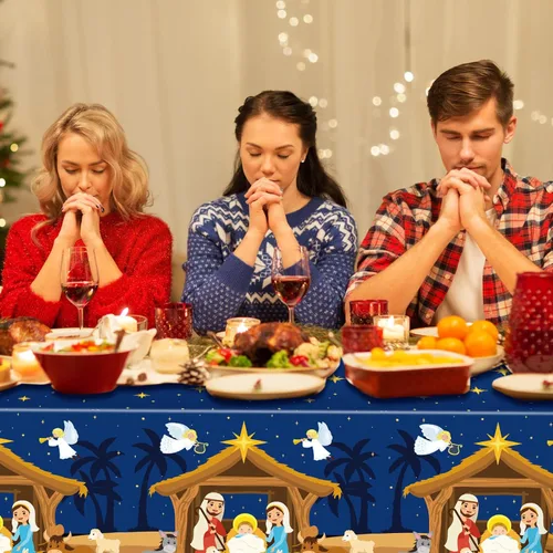 Vista 3 de Hahafelt 3 piezas de mantel de Navidad con escena del Nacimiento, 54 x 108 pulgadas, desechable, mantel de Adviento de Navidad, mantel religioso