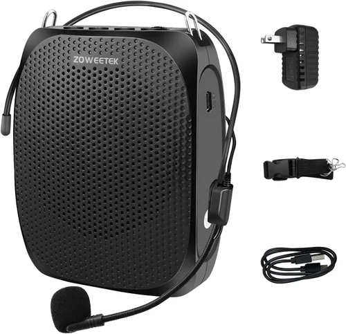 ZOWEETEK ZW-Z258 Mini amplificador de voz recargable portátil para profesores con micrófono con cable y cintura, compatible con formato MP3 audio