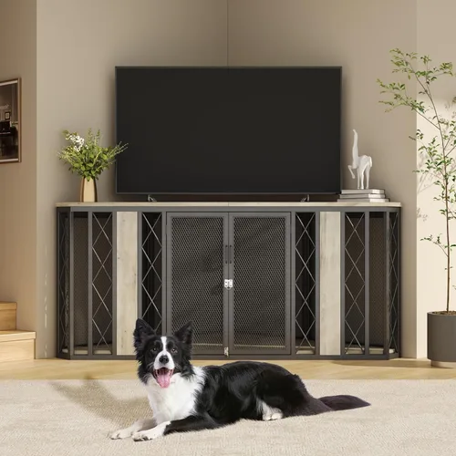 Vista 12 de kepptory Caja grande para perros de 48 pulgadas con muebles de 3 cajones de almacenamiento, perrera de madera con divisor extraíble, mesa auxiliar