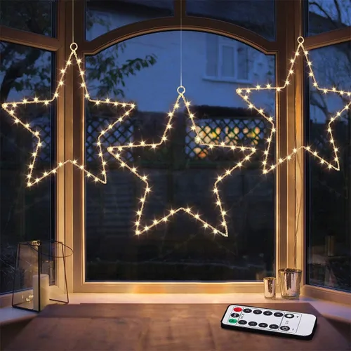 MAOYUE Paquete de 3 luces de ventana de Navidad con temporizador, funciona con pilas, 8 modos de iluminación con 3 controles remotos para