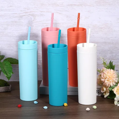 Vista 5 de uxcell Vaso delgado con tapas y pajitas, vaso delgado de 16 onzas color negro mate a granel, vaso acrílico pastel reutilizable, vaso de plástico