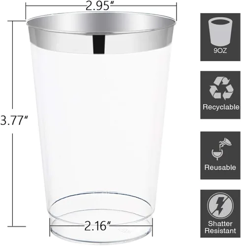 Vista 7 de I00000 200 vasos de plástico desechables plateados de 10 onzas, vasos de plástico transparente a la antigua, vasos de borde plateado, desechables