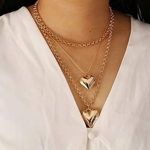 Vista 3 de Pingyongchang Collar de corazón laminado colgante de cadena multicapa collar de corazón amor para siempre collar de corazón de oro de 14 quilates