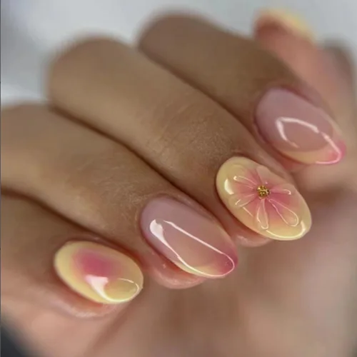 Vista 9 de Uñas postizas a presión en forma de almendra amarillas, cortas, brillantes, de acrílico, de cobertura completa, con diseños, brillantes
