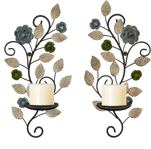 Vista 7 de Juego de 2 candelabros de pared, diseño de ramas de hojas multicolor antiguas, soporte de pared de metal para colgar velas para sala de estar