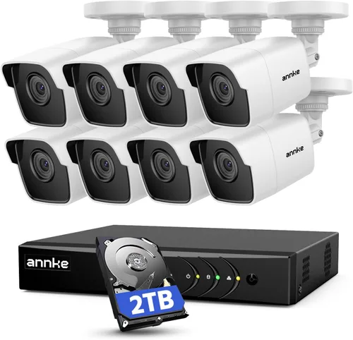ANNKE - Sistema de seguridad de 8 canales con 8 cámaras H.265+ DVR grabadora con disco duro de 2 TB y 8 cámaras CCTV tipo bala para exteriores de