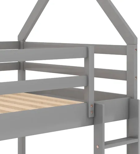 Vista 8 de Harper & Bright Designs Litera baja de tamaño individual sobre individual, marco de cama de madera para casa, escalera integrada, barandilla, techo