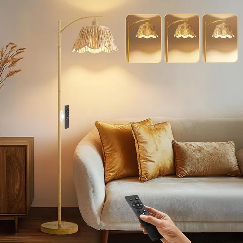 Vista 14 de Oneach Lámpara de pie arqueada para sala de estar, lámpara de pie de ratán boho con pantalla tejida a mano, interruptor a pedal, base y poste de Oro