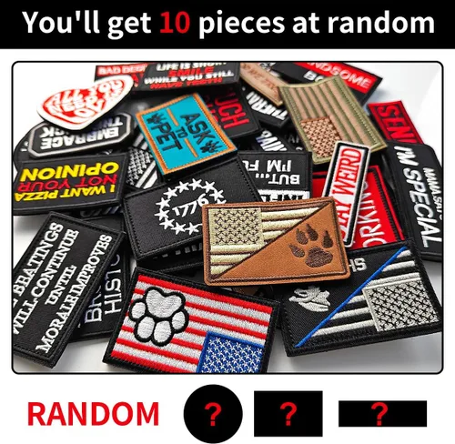Vista 4 de Paquete de 10 parches tácticos de moral al azar, juego de parches tácticos bordados completos, parche moral con gancho y bucle para gorras