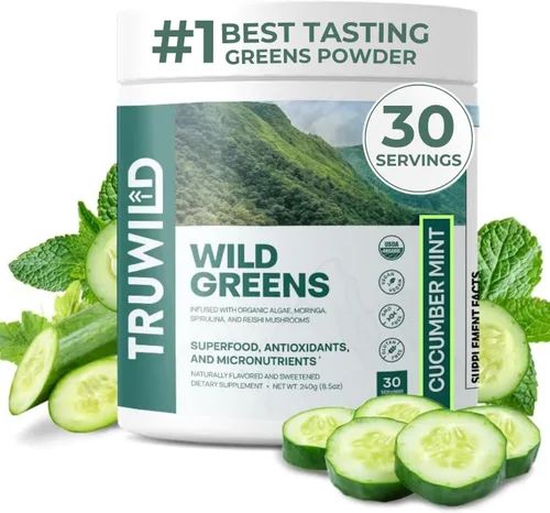 TruWild Greens Superfood Pepino en polvo, con más de 22 verduras y antioxidantes, delicioso jugo verde en polvo, inmune natural, estrés, apoyo a la
