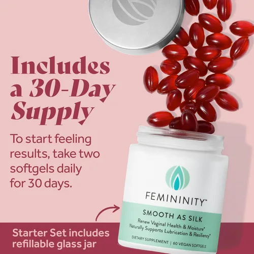 Vista 4 de Feminidad suave como seda 30 días de recarga de bolsita para sequedad vaginal (60 cápsulas blandas) - Aceite de espino amarillo con 365 mg de Omega