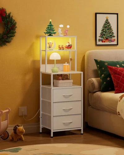 Vista 7 de WLIVE Tall White Nightstand with Charging Station, LED Night Stand with 3 Fabric Drawers and Storage Open Shelves, Bedroom Nightstand Table, Bed