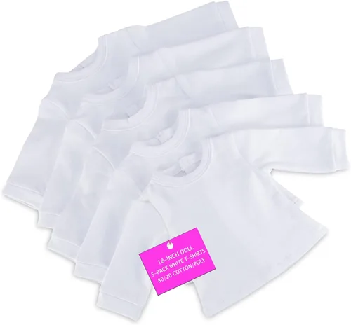 Emily Rose Value Basics - Paquete de 5 camisetas de manga larga para muñecas de 18 pulgadas, color blanco brillante, para actividades de