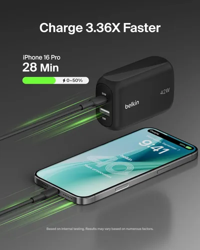 Vista 2 de Belkin Bloque de cargador de doble puerto de 42 W, cargador USB-C + USB-A de carga súper rápida - Samsung Galaxy S25, Apple iPhone 17, Air, Pro, Pro