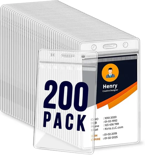 Vista 8 de Paquete de 120 soportes de plástico para insignias, soporte vertical para tarjetas de identificación, transparente, impermeable, con cremallera