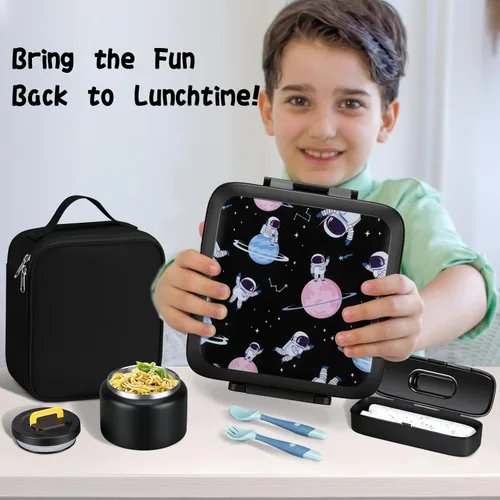 Vista 6 de JXXM Lonchera Bento para niños con termo de sopa de 8 onzas, recipientes de almuerzo a prueba de fugas con 5 compartimentos, tarro térmico
