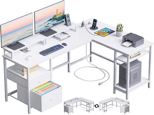 Vista 15 de Furologee Escritorio para computadora en forma de L con toma de corriente, escritorio reversible de oficina en casa para estudio de trabajo, mesa