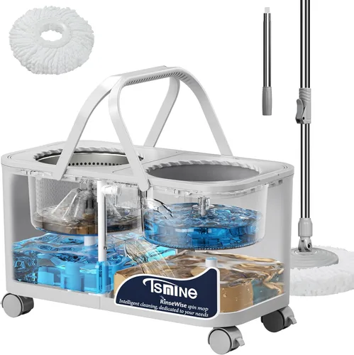 RinseWise Juego de trapeador y cubo con ruedas giratorias de 360°, trapeador giratorio para limpieza de pisos, cámaras de agua limpia y sucia,