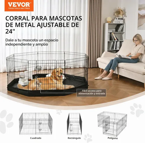 Vista 3 de VEVOR Corralito para perros, 4 paneles de 24 x 36 pulgadas, parque de ejercicio plegable de metal para mascotas, valla para perros para interiores