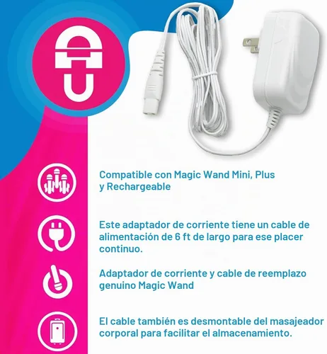 Vista 3 de Magic Wand Mini masajeador personal auténtico cargador portátil Adaptador de corriente polarizado estadounidense y cable de alimentación de 6 pies