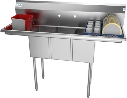 KoolMore - SC101410-12B3 Fregadero de cocina comercial de acero inoxidable NSF de 3 compartimentos con escurraderos derecho e izquierdo - Tamaño del
