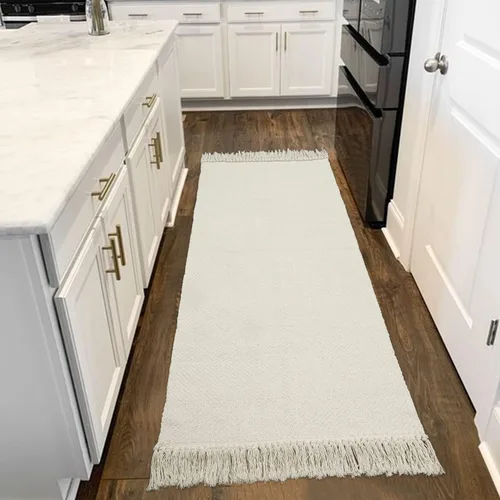 Vista 48 de Collive - Tapete de pasillo de cocina, 2 x 4.3 pies, tejido a mano, reversible, lavable, de algodón, color blanco/beige, para baño, pasillo