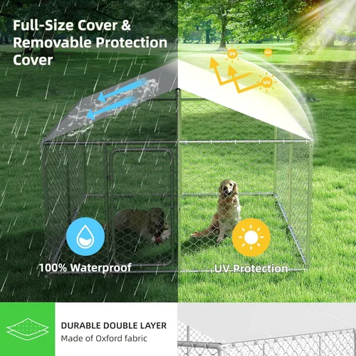 Vista 3 de Perrera para perros de 7.8 x 7.8 pies para exteriores, resistente, con cubierta impermeable, techo y valla de acero con cerradura de seguridad