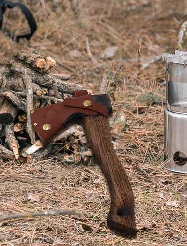 Vista 7 de Hacha y hacha de campamento de 11 pulgadas forjada con funda de cuero, hacha de supervivencia para hacha pequeña para carpintería