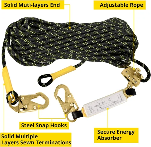 Vista 2 de TRSMIMA - Cordón de seguridad para arnés de cuerda: cuerda vertical para techos de 25 pies con ganchos de agarre amortiguador – Kit de línea