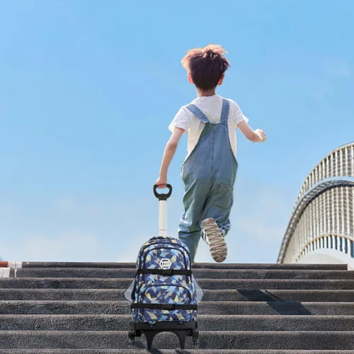 Vista 7 de Carrito de mochila, carrito con ruedas de aleación de aluminio, carrito plegable para mochila escolar, carrito de equipaje de 6 ruedas con protector