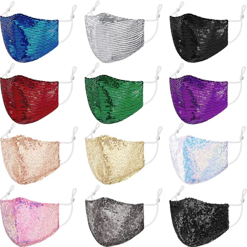 Syhood 12 piezas de lentejuelas con purpurina para la boca, cubrebocas para mascarada, ajustable, reutilizable, para mujeres, 2 estilos